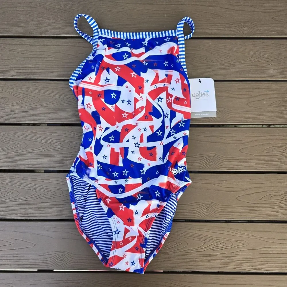 Dolphin Women's Uglies Multicolor Star Salute V-back 1 Piece Swim Sz 38 New